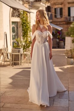 A-line chiffon wedding dress with sheer lace corset bodice, sweetheart neckline, and off-shoulder draped sleeves.